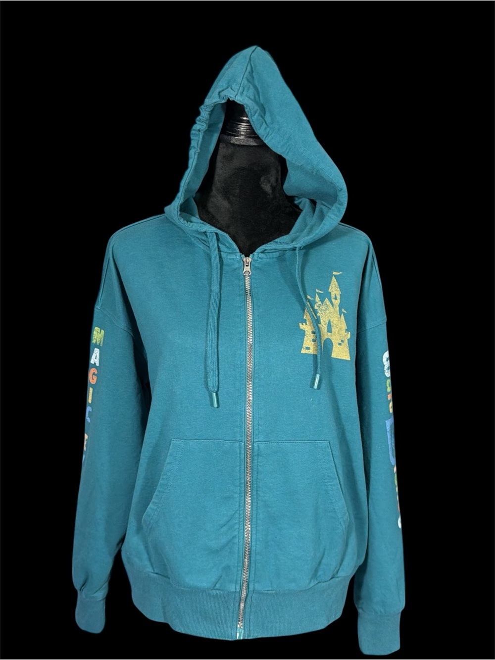 Disney Teal Zip-Up Hoodie with Yellow Castle Graphic